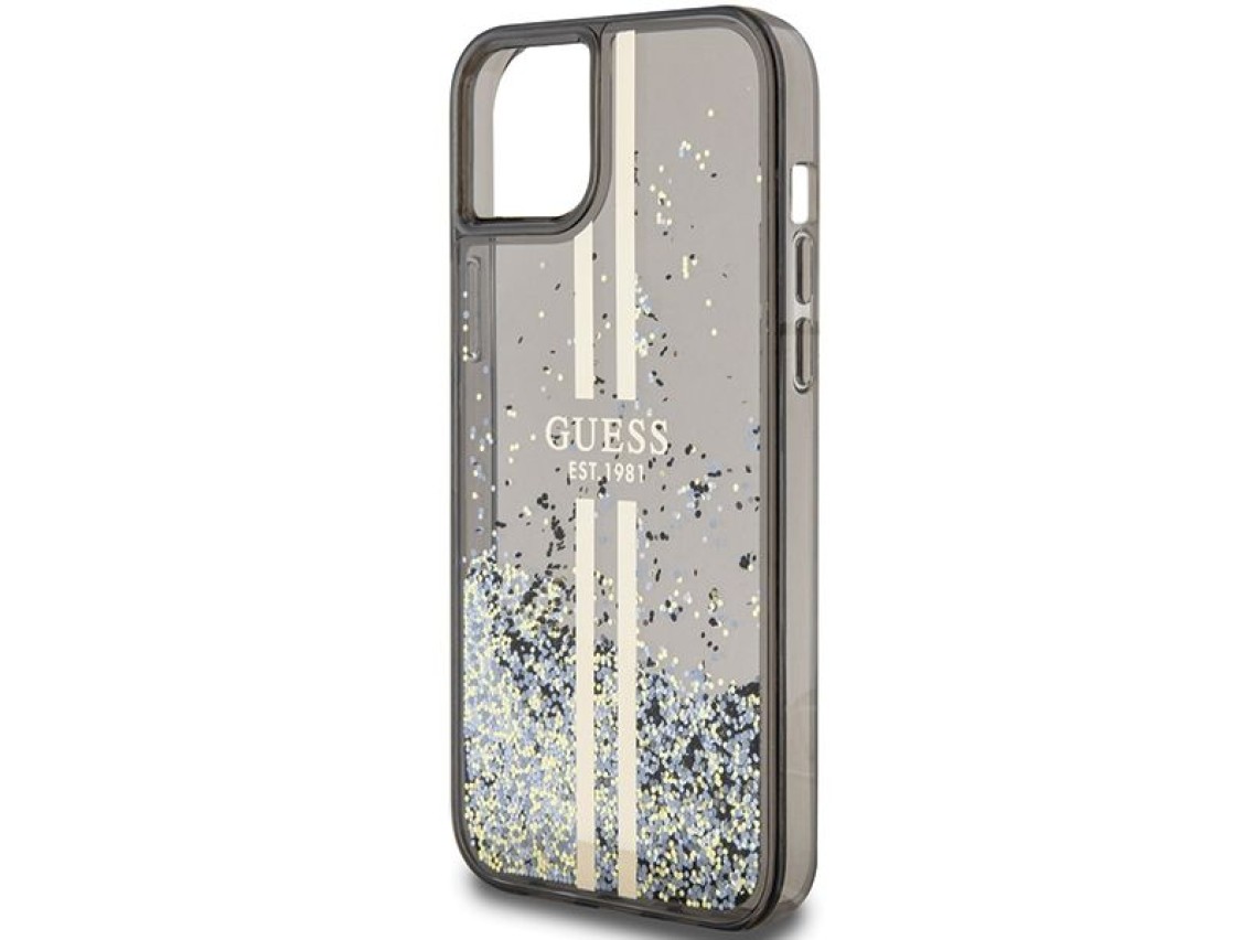 Funda Guess Liquid Glitter Gold Stripes para iPhone 15 Plus / 14 Plus - negra