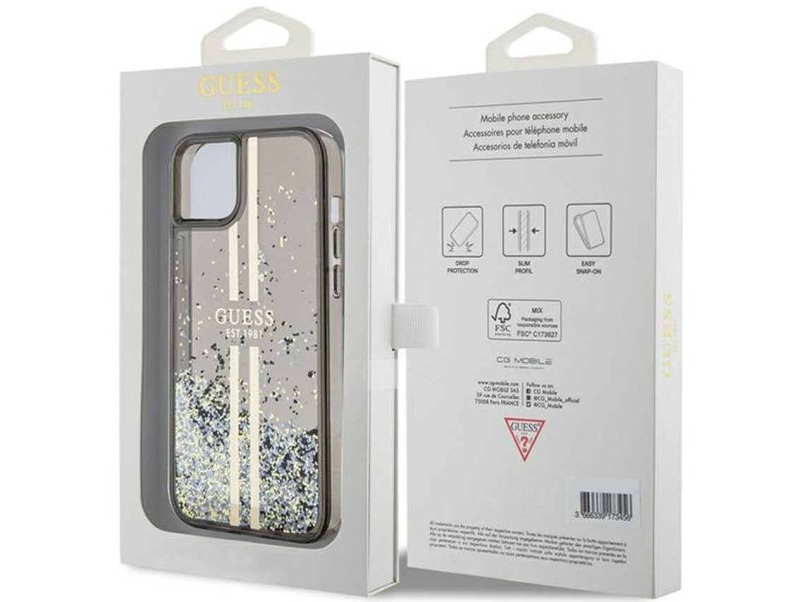 Funda Guess Liquid Glitter Gold Stripes para iPhone 15 Plus / 14 Plus - negra