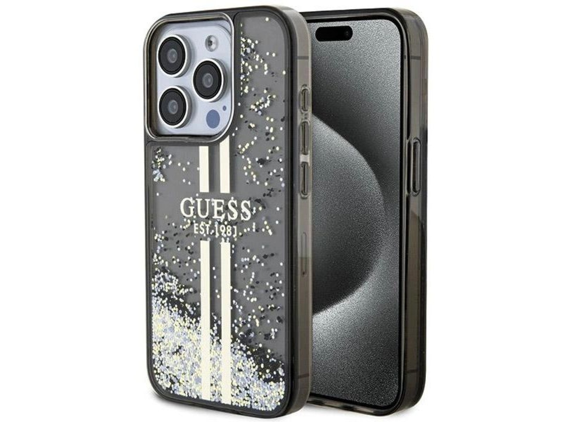 Capa Guess Liquid Glitter Gold Stripes para iPhone 15 Pro - preta