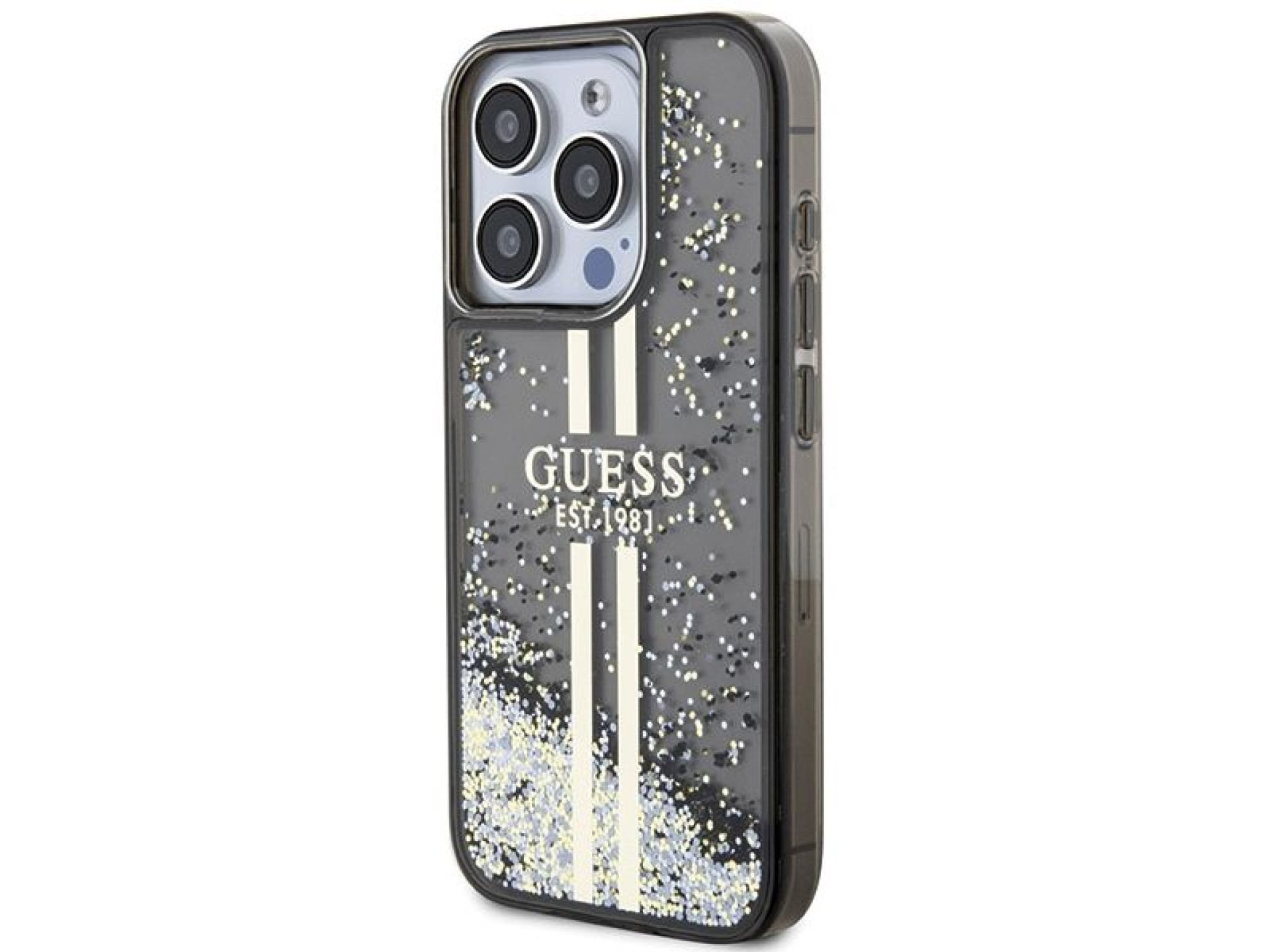 Capa Guess Liquid Glitter Gold Stripes para iPhone 15 Pro - preta