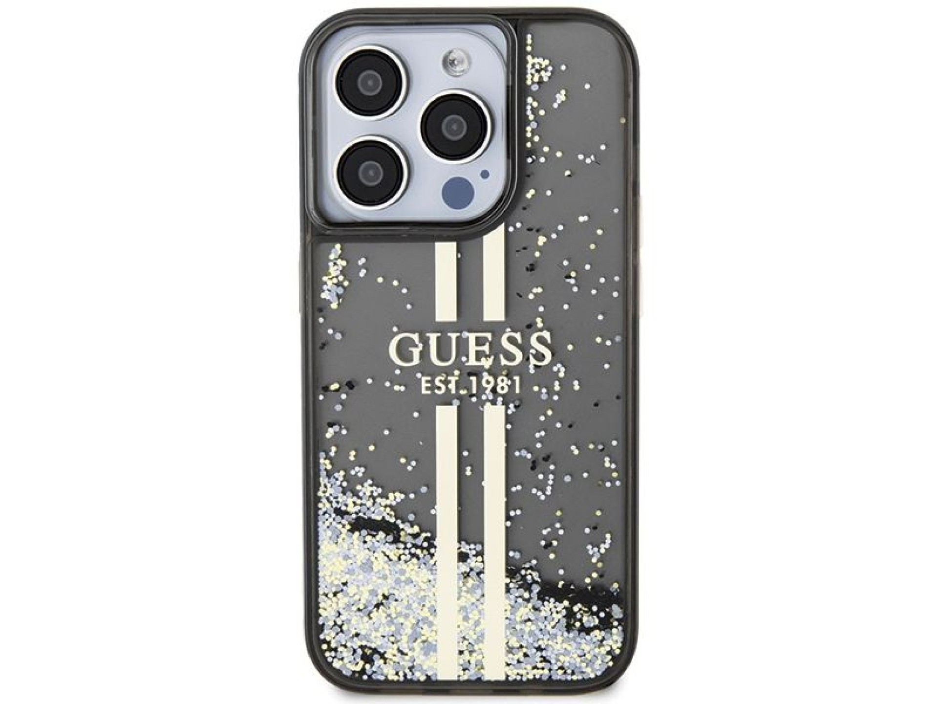Capa Guess Liquid Glitter Gold Stripes para iPhone 15 Pro - preta