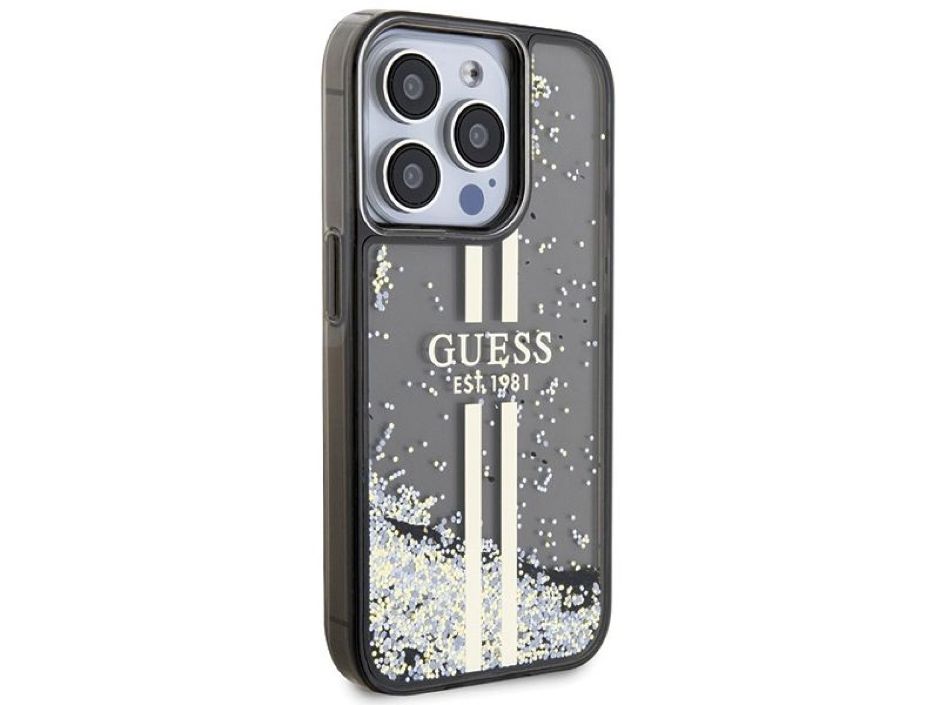 Capa Guess Liquid Glitter Gold Stripes para iPhone 15 Pro - preta