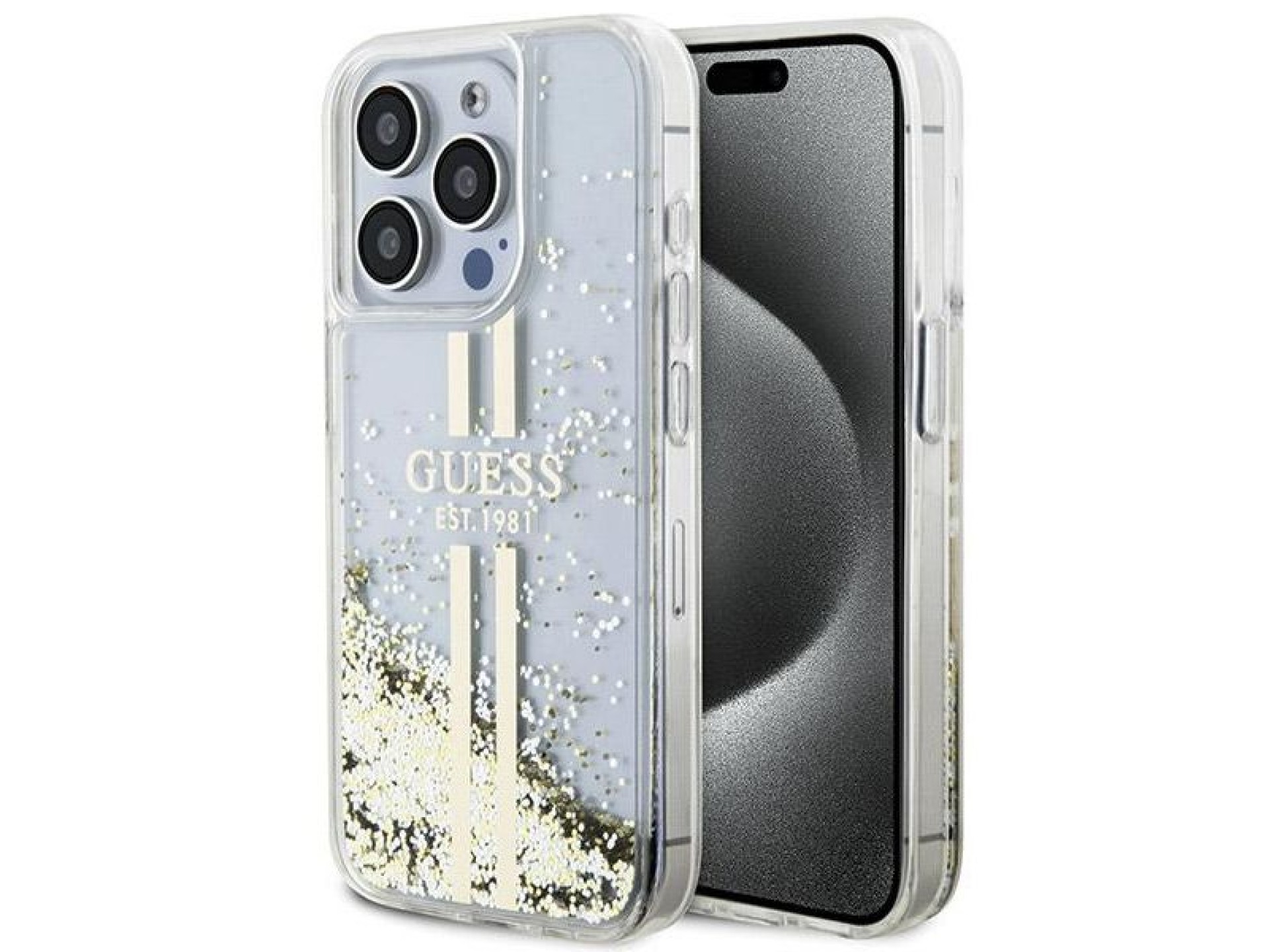 Guess Liquid Glitter Gold Stripes case for iPhone 15 Pro Max - transparent