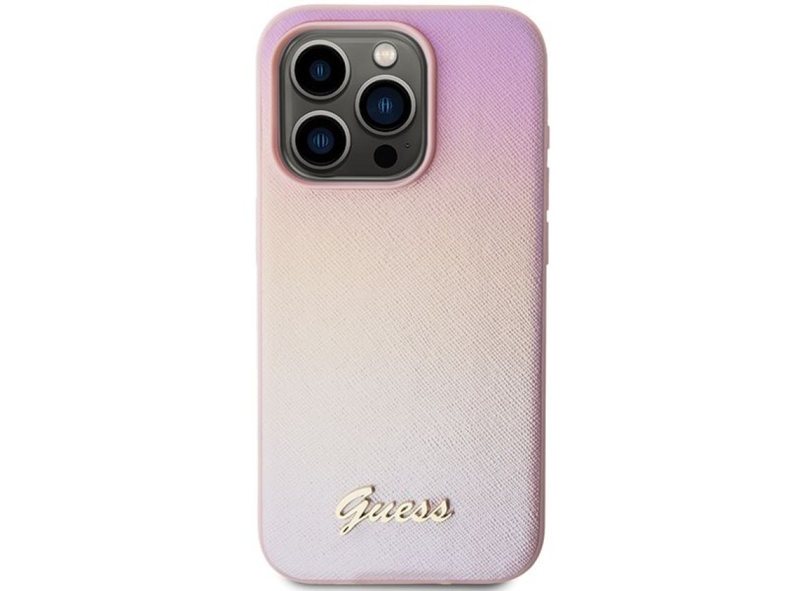 Capa Guess Saffiano Iridescent Script para iPhone 14 Pro Max - rosa