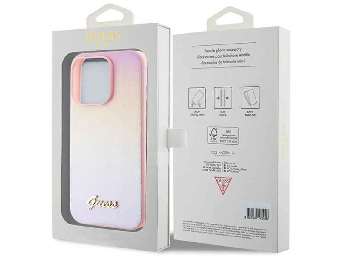 Capa Guess Saffiano Iridescent Script para iPhone 14 Pro Max - rosa