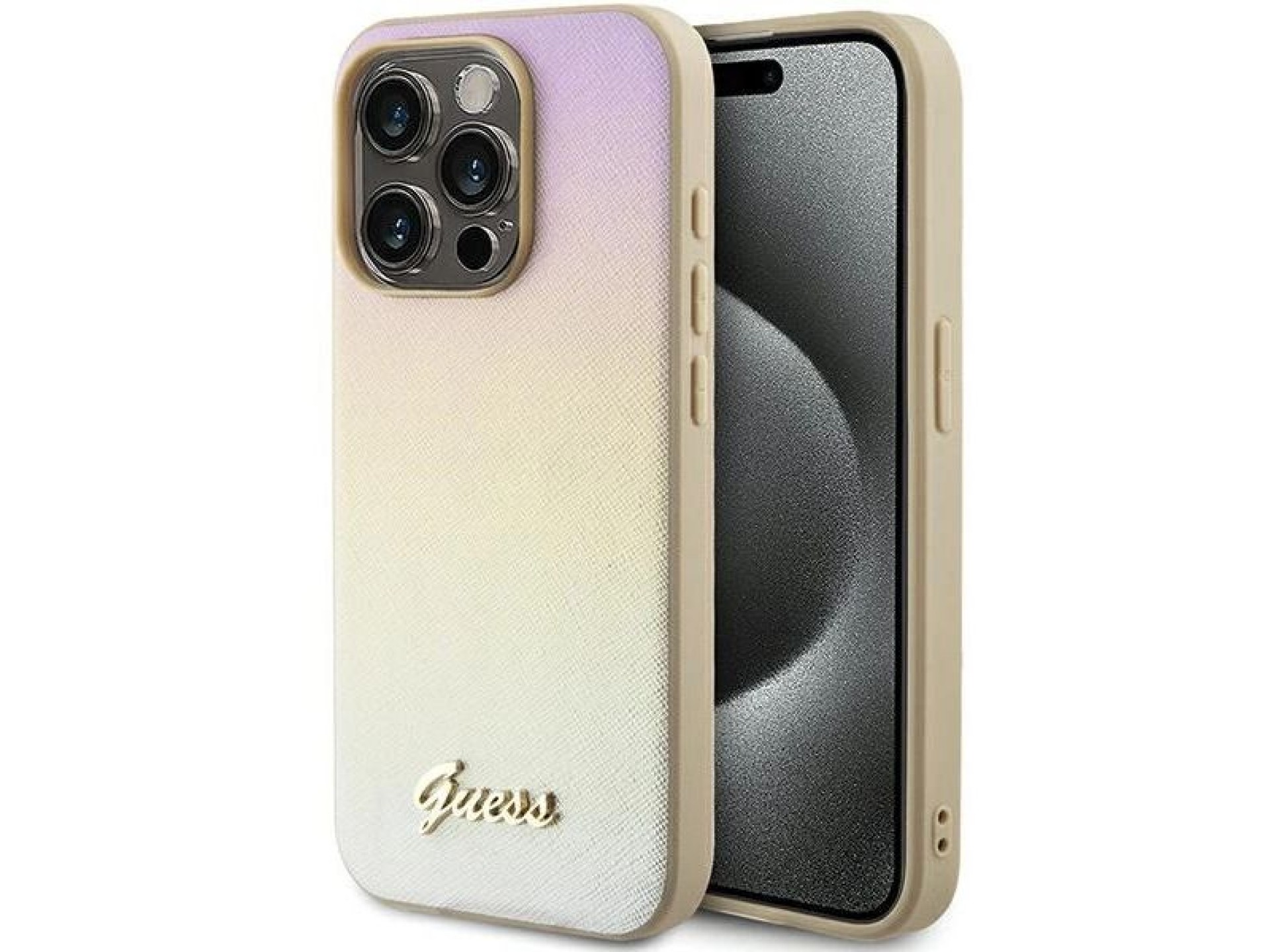 Capa Guess Saffiano Iridescent Script para iPhone 14 Pro - dourada