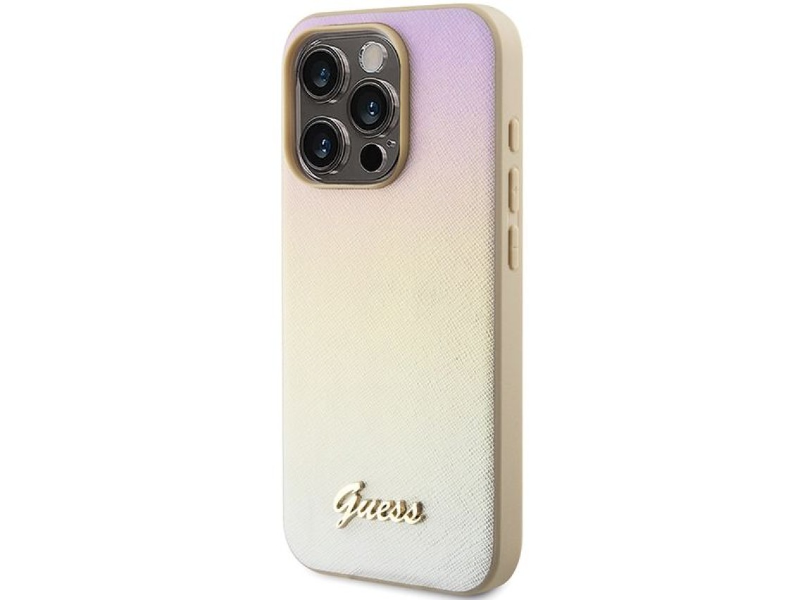 Capa Guess Saffiano Iridescent Script para iPhone 14 Pro - dourada
