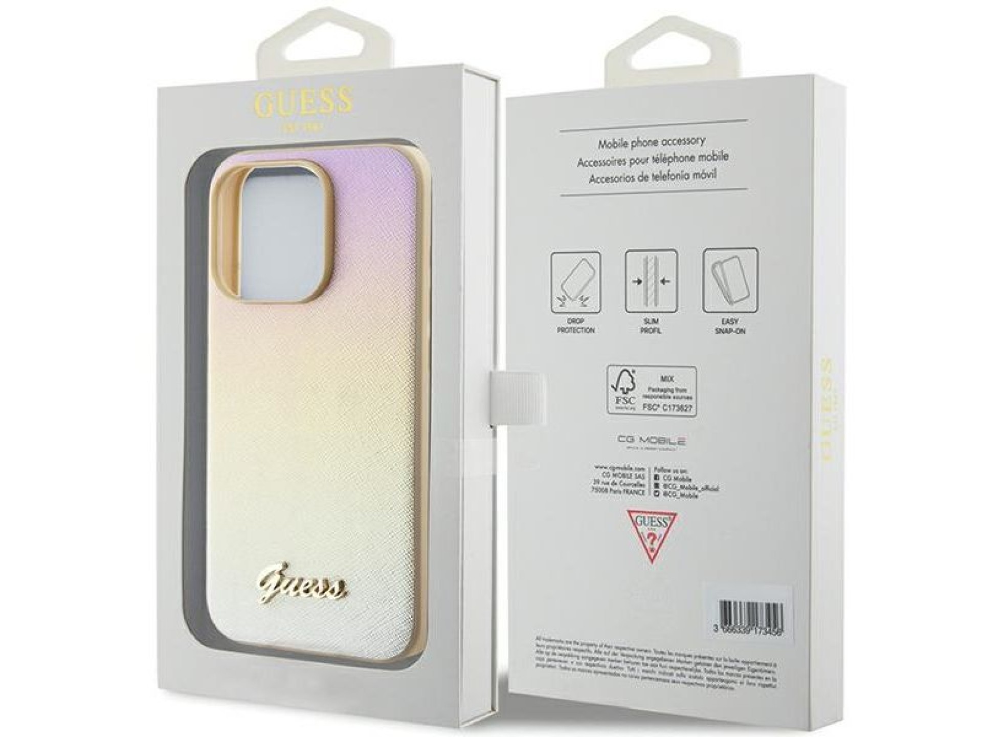 Capa Guess Saffiano Iridescent Script para iPhone 14 Pro - dourada