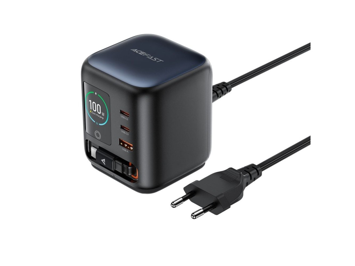 Cargador de escritorio Acefast Z10 GaN de 100 W con 3 puertos USB, cable USB-C retráctil y pantalla