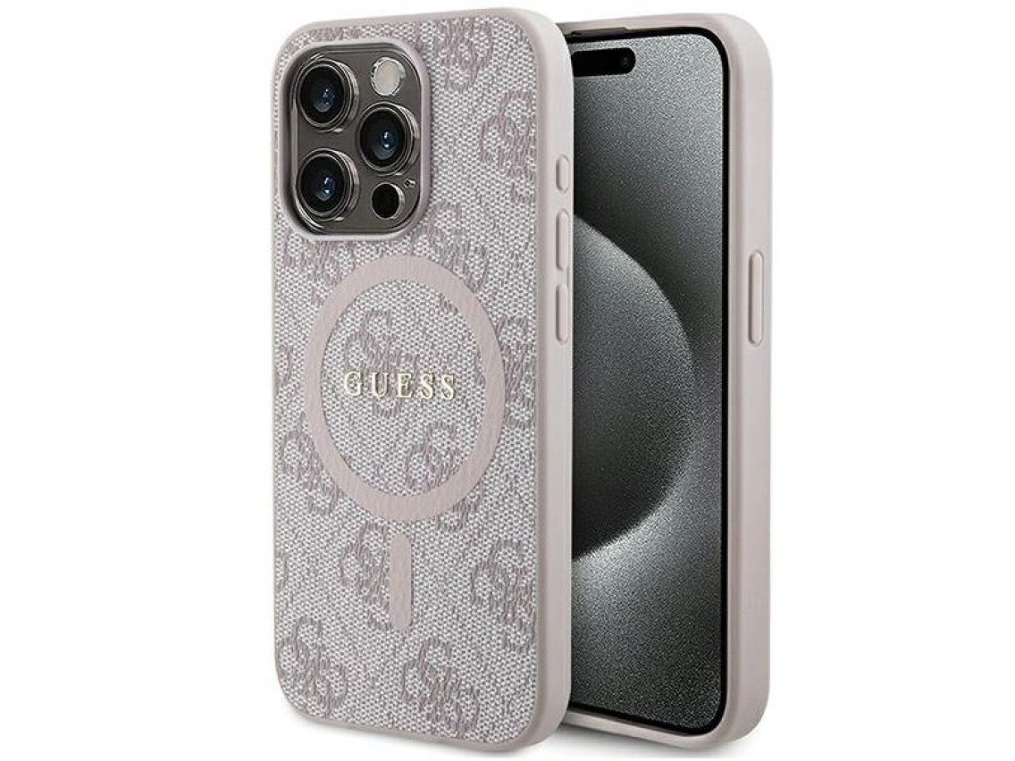 Capa Guess 4G Collection em couro com logo met�lico e MagSafe para iPhone 14 Pro Max - Rosa