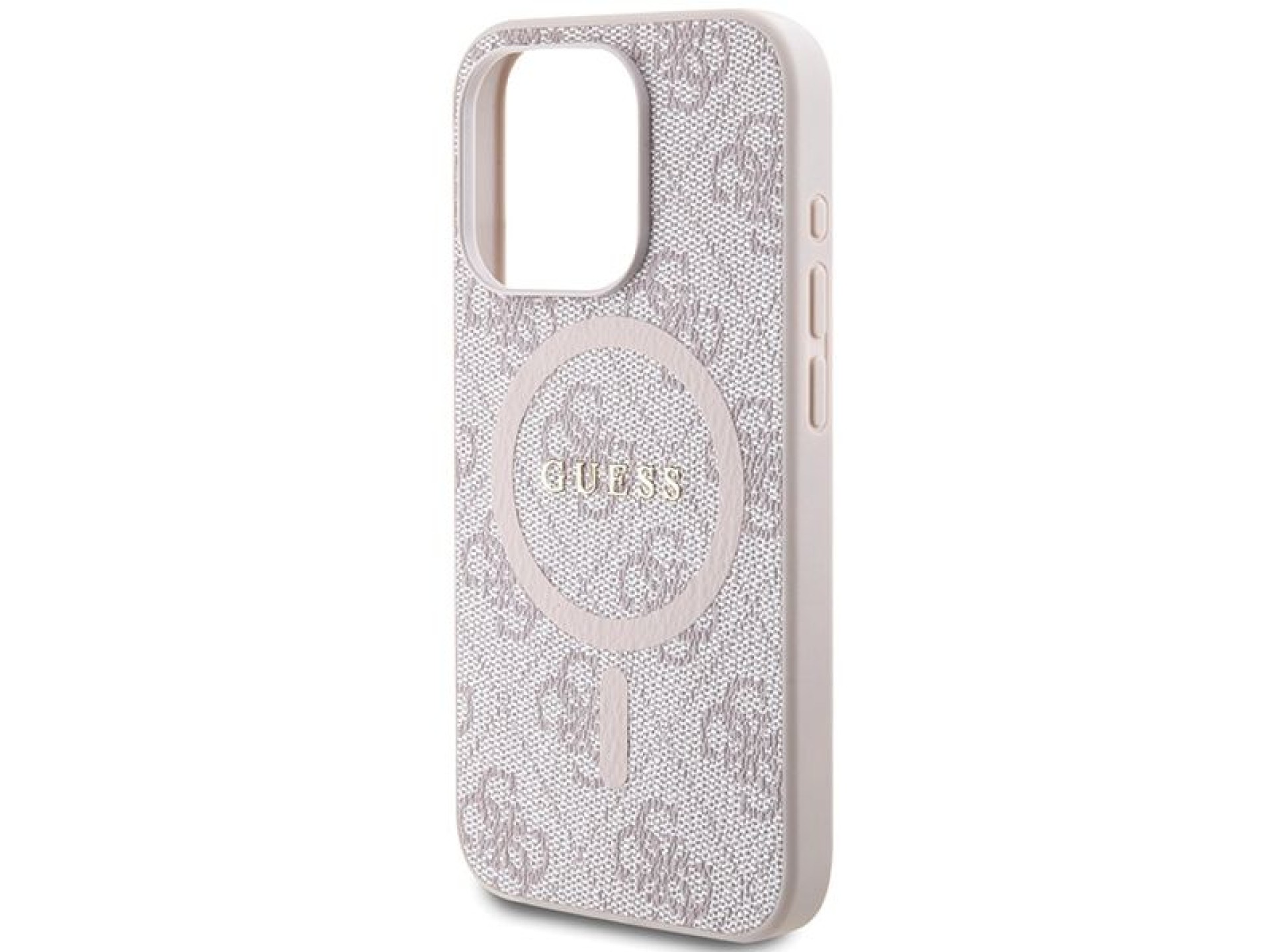 Capa Guess 4G Collection em couro com logo metálico e MagSafe para iPhone 14 Pro Max - Rosa