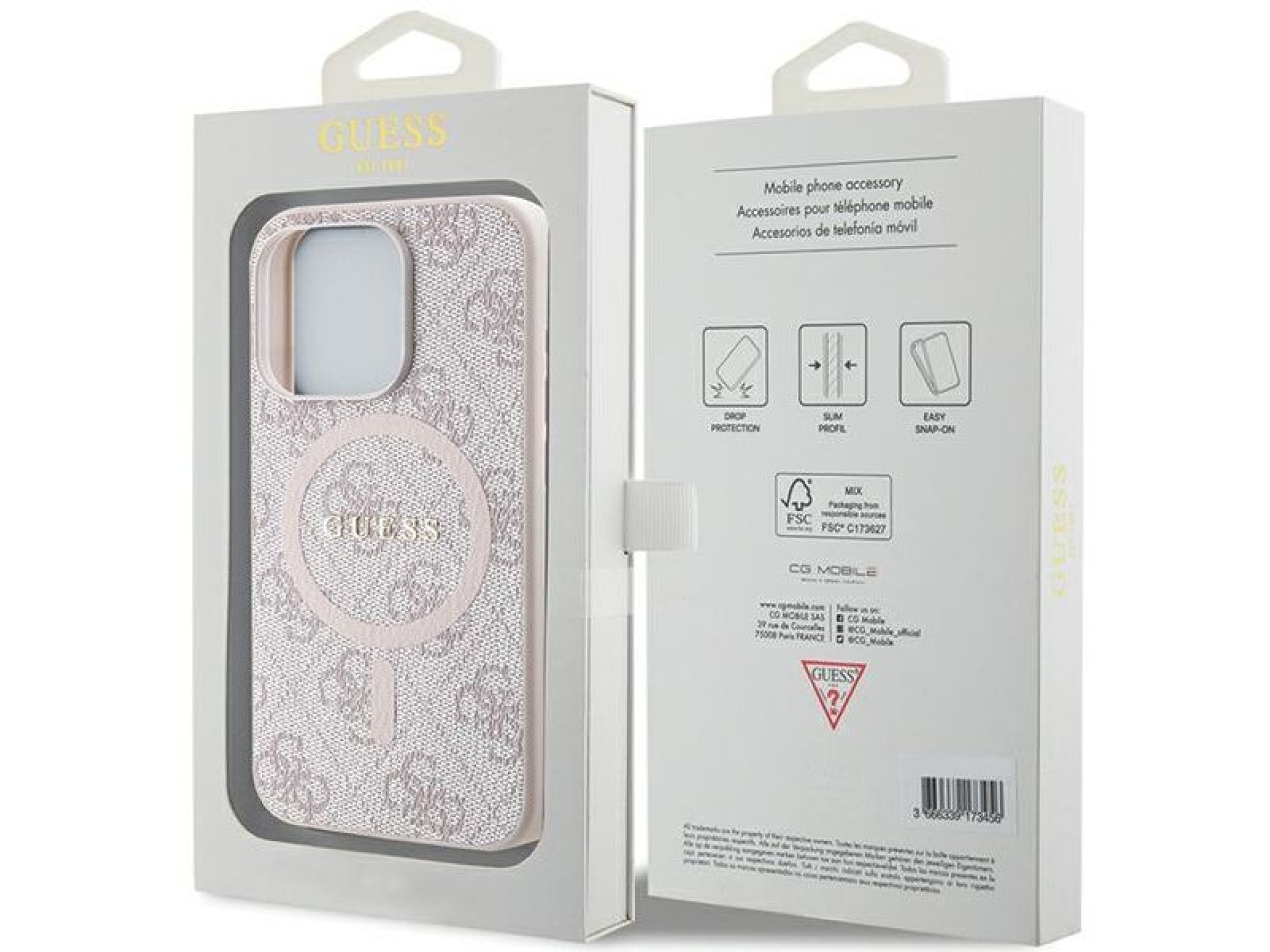 Capa Guess 4G Collection em couro com logo metálico e MagSafe para iPhone 14 Pro Max - Rosa