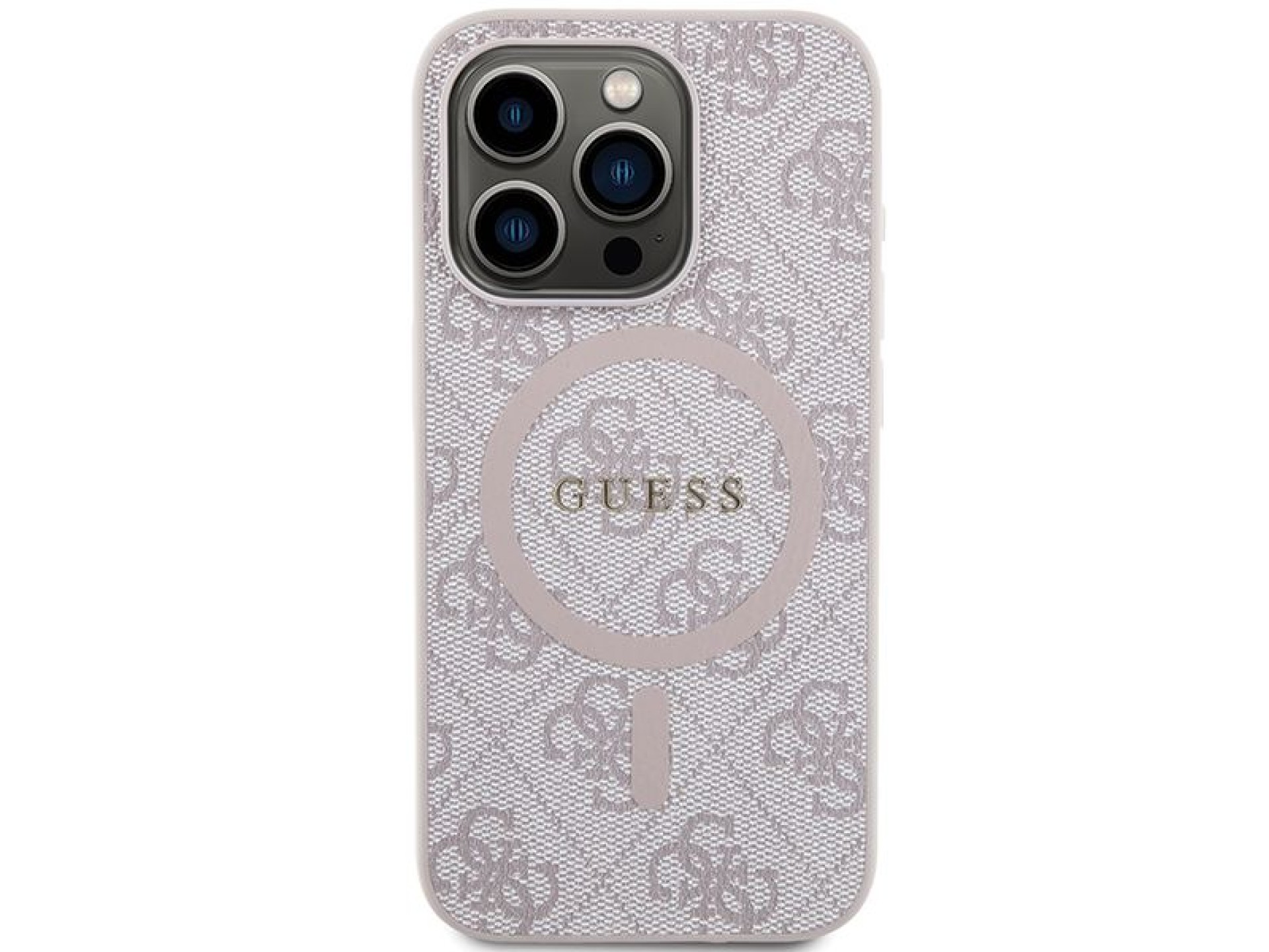 Capa Guess 4G Collection em couro com logo metálico e MagSafe para iPhone 15 Pro Max - Rosa