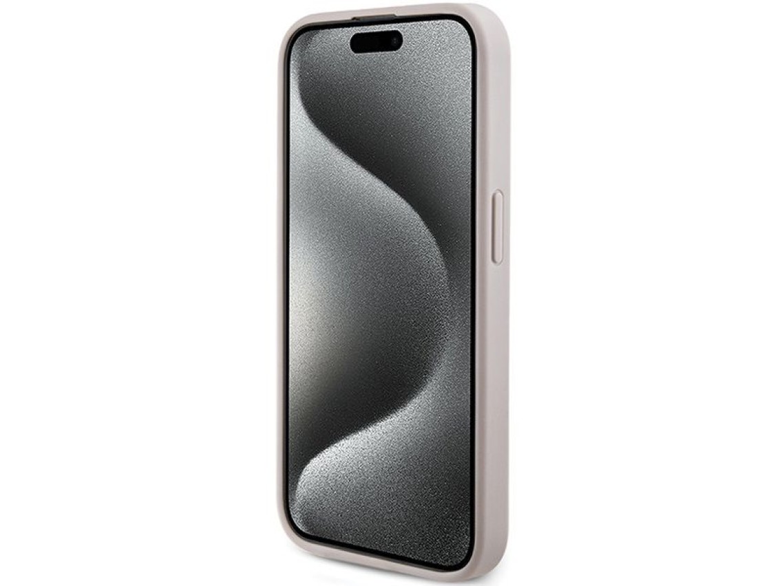 Capa Guess 4G Collection em couro com logo metálico e MagSafe para iPhone 15 Pro Max - Rosa
