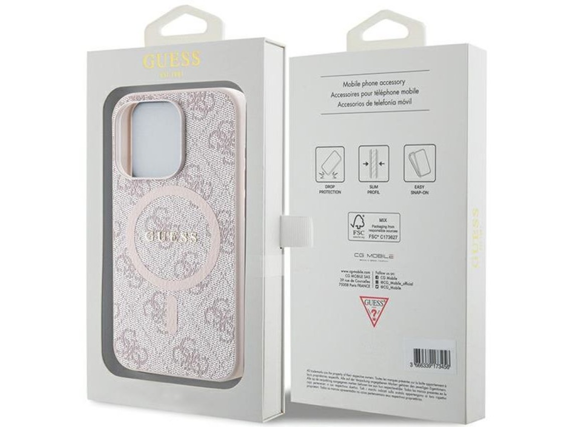 Capa Guess 4G Collection em couro com logo metálico e MagSafe para iPhone 15 Pro Max - Rosa