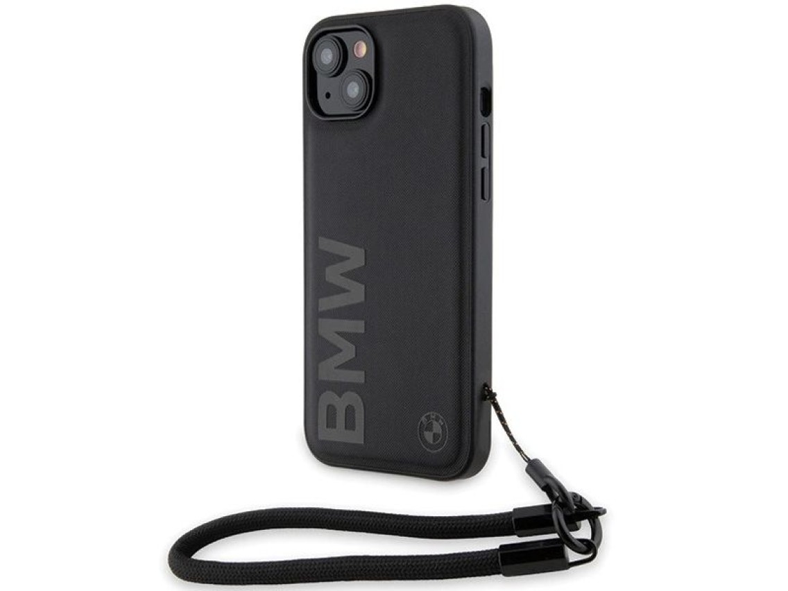 Capa de couro BMW Signature com cordão para iPhone 15/14/13 - Preta