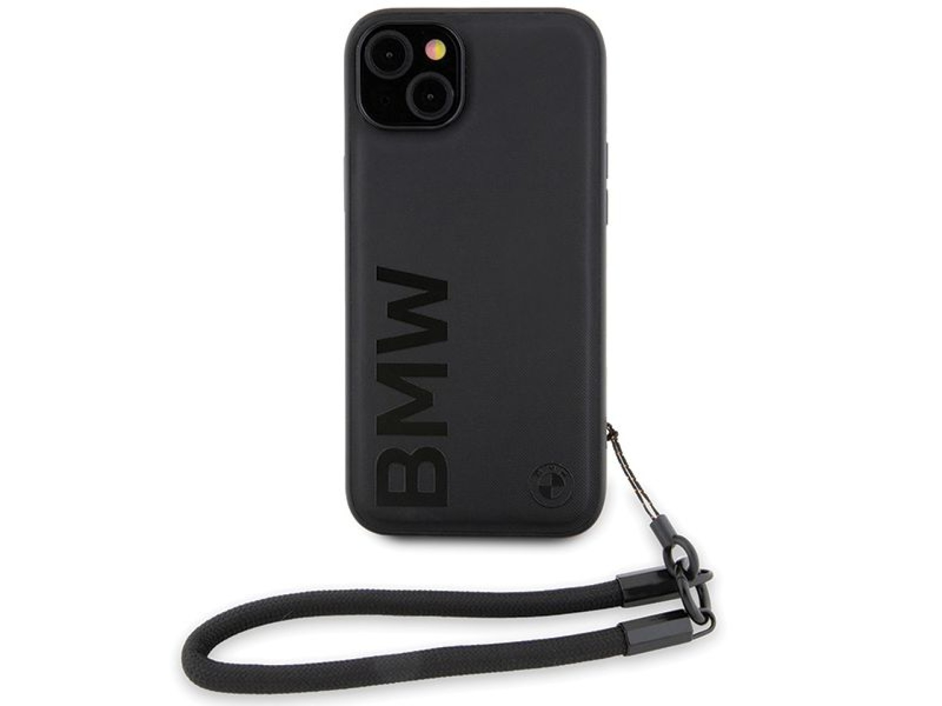 Capa de couro BMW Signature com cordão para iPhone 15/14/13 - Preta