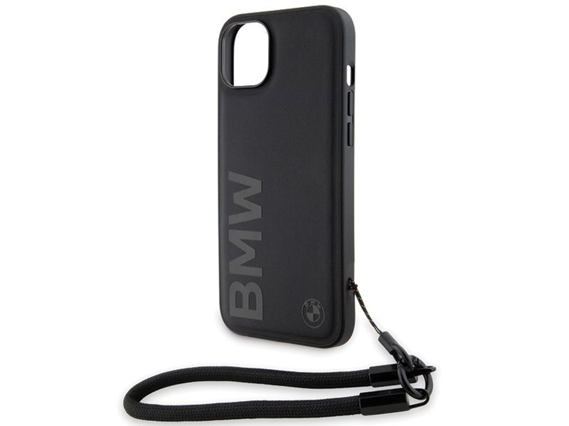 Capa de couro BMW Signature com cordão para iPhone 15/14/13 - Preta