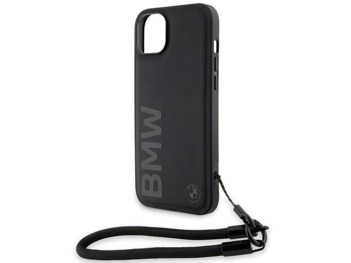 Capa de couro BMW Signature com cordão para iPhone 15/14/13 - Preta