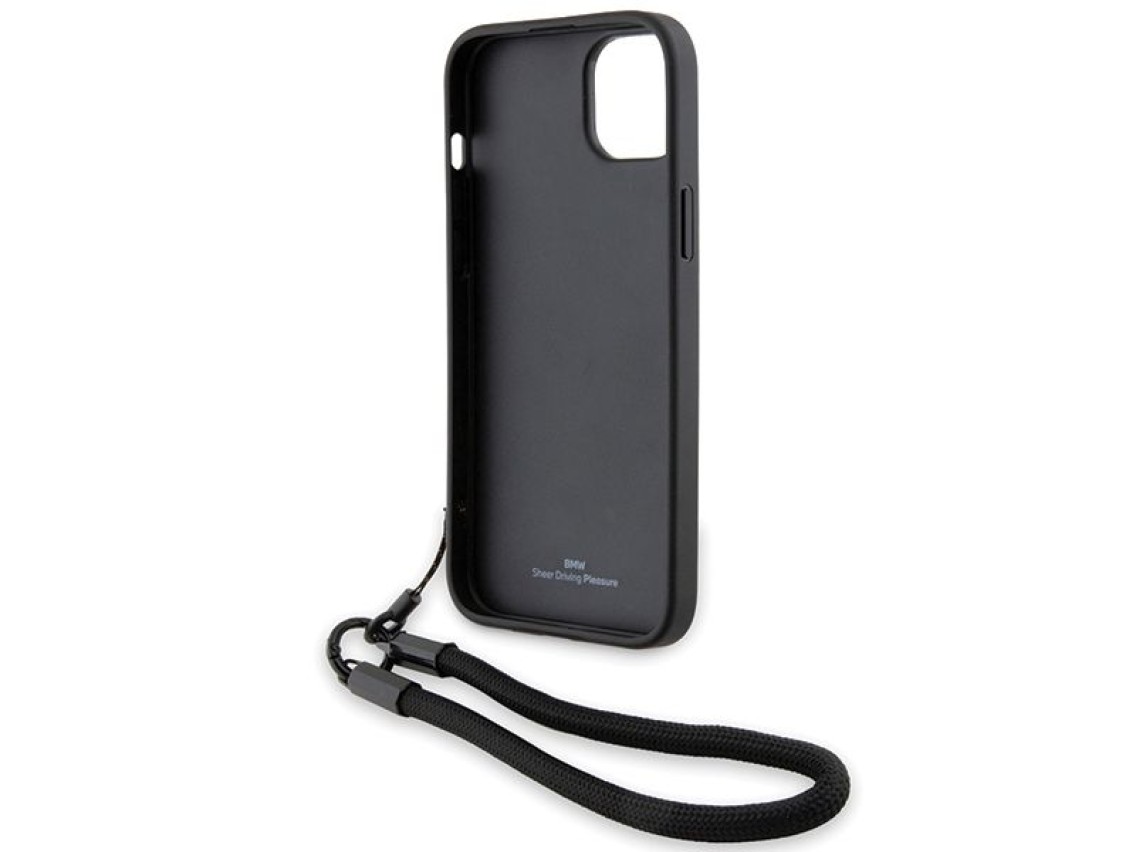 Capa de couro BMW Signature com cordão para iPhone 15/14/13 - Preta