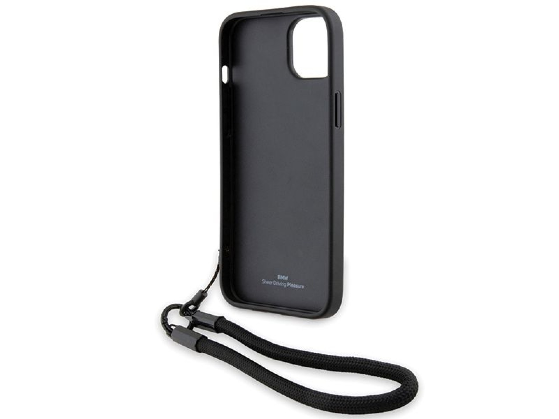 Capa de couro BMW Signature com cordão para iPhone 15/14/13 - Preta