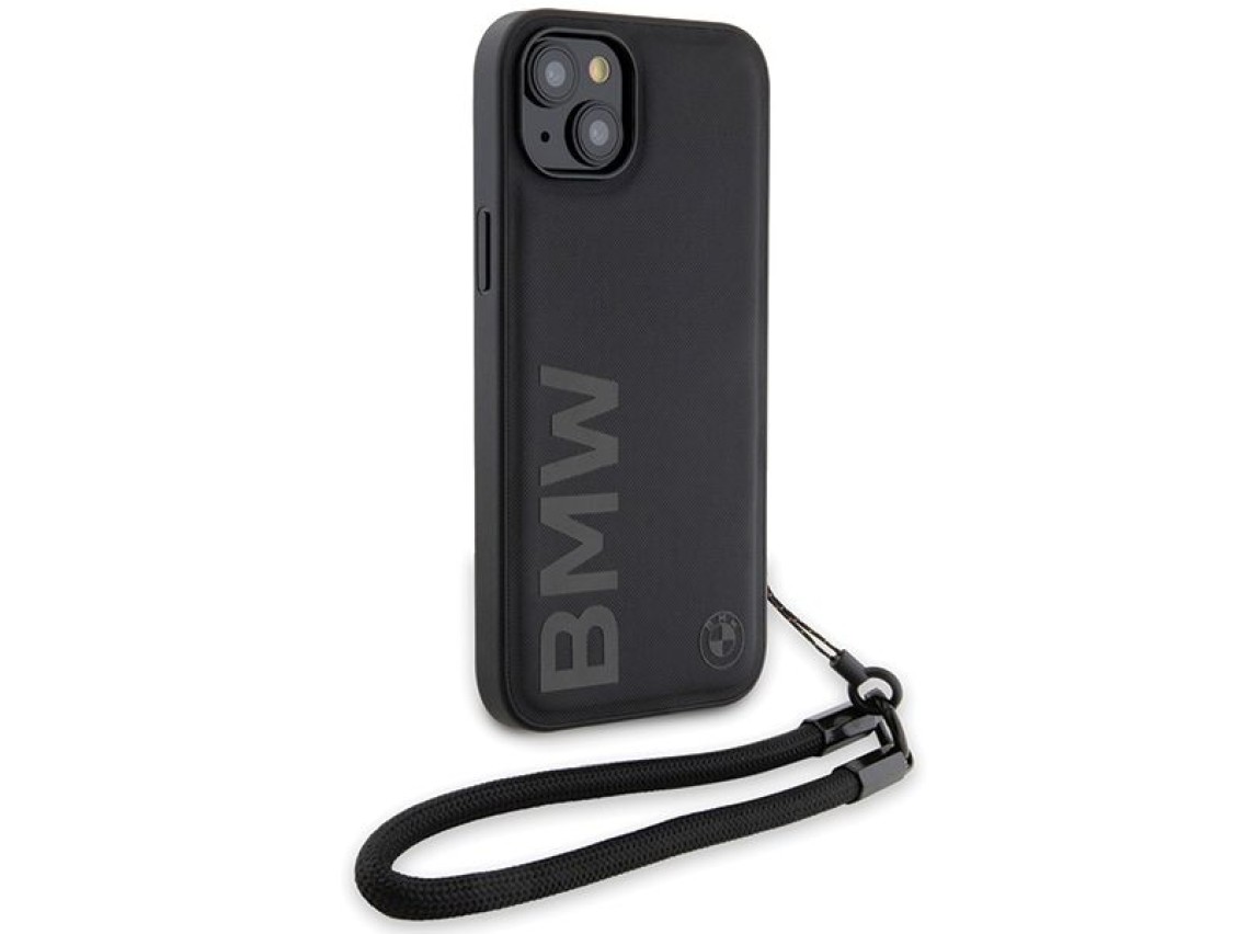 Funda BMW Signature Leather Wordmark Cord para iPhone 15 Plus / 14 Plus - negra