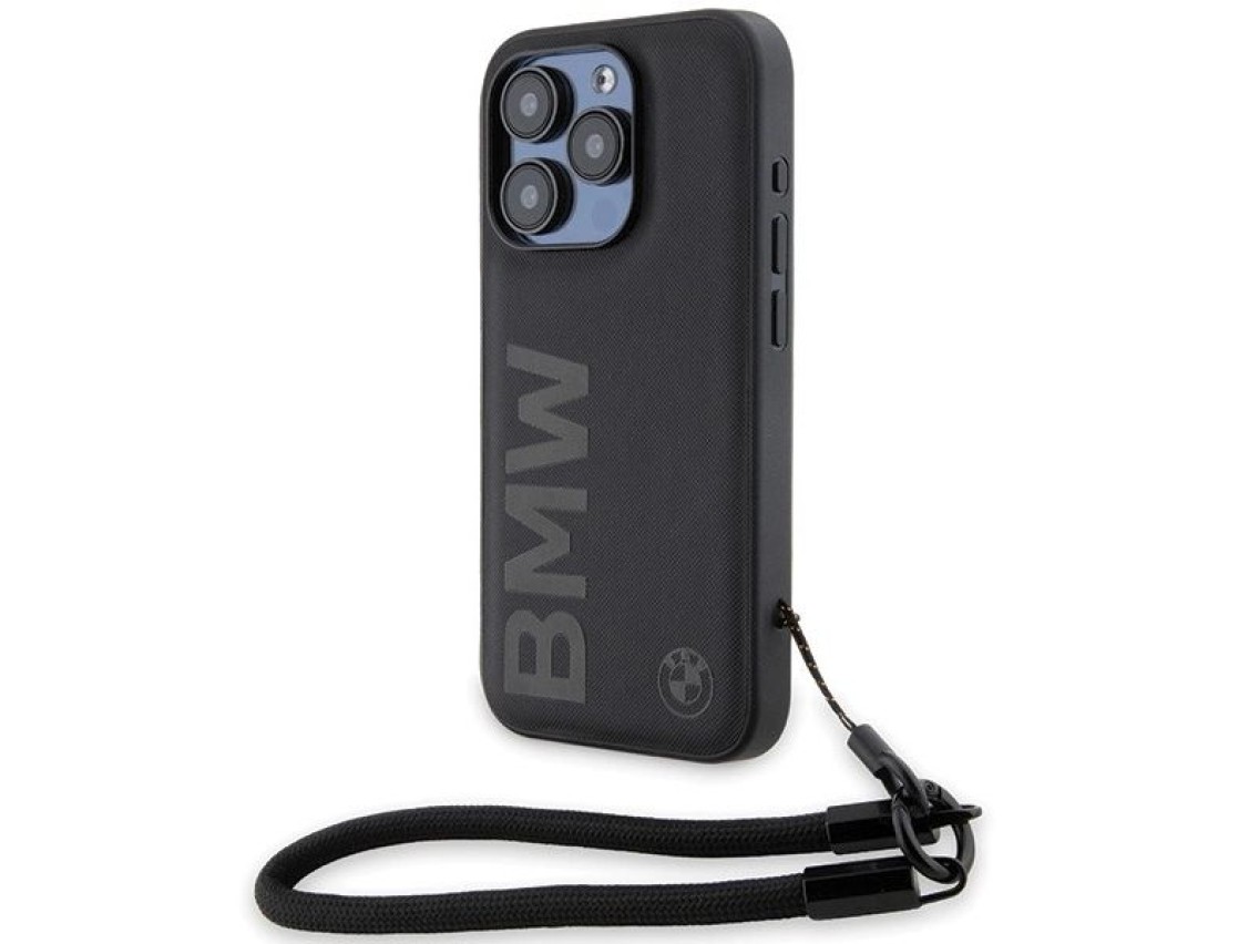BMW Signature Leather Wordmark Cord case for iPhone 15 Pro Max - black