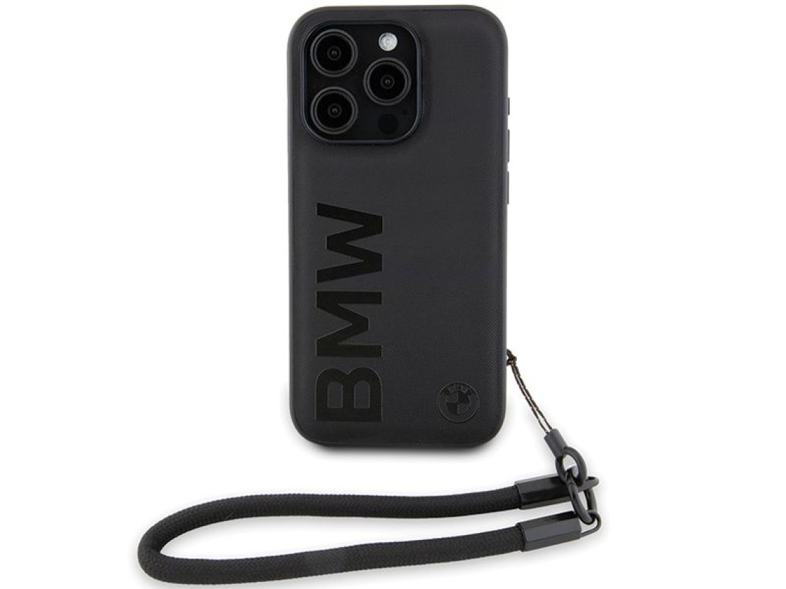 BMW Signature Leather Wordmark Cord case for iPhone 15 Pro Max - black