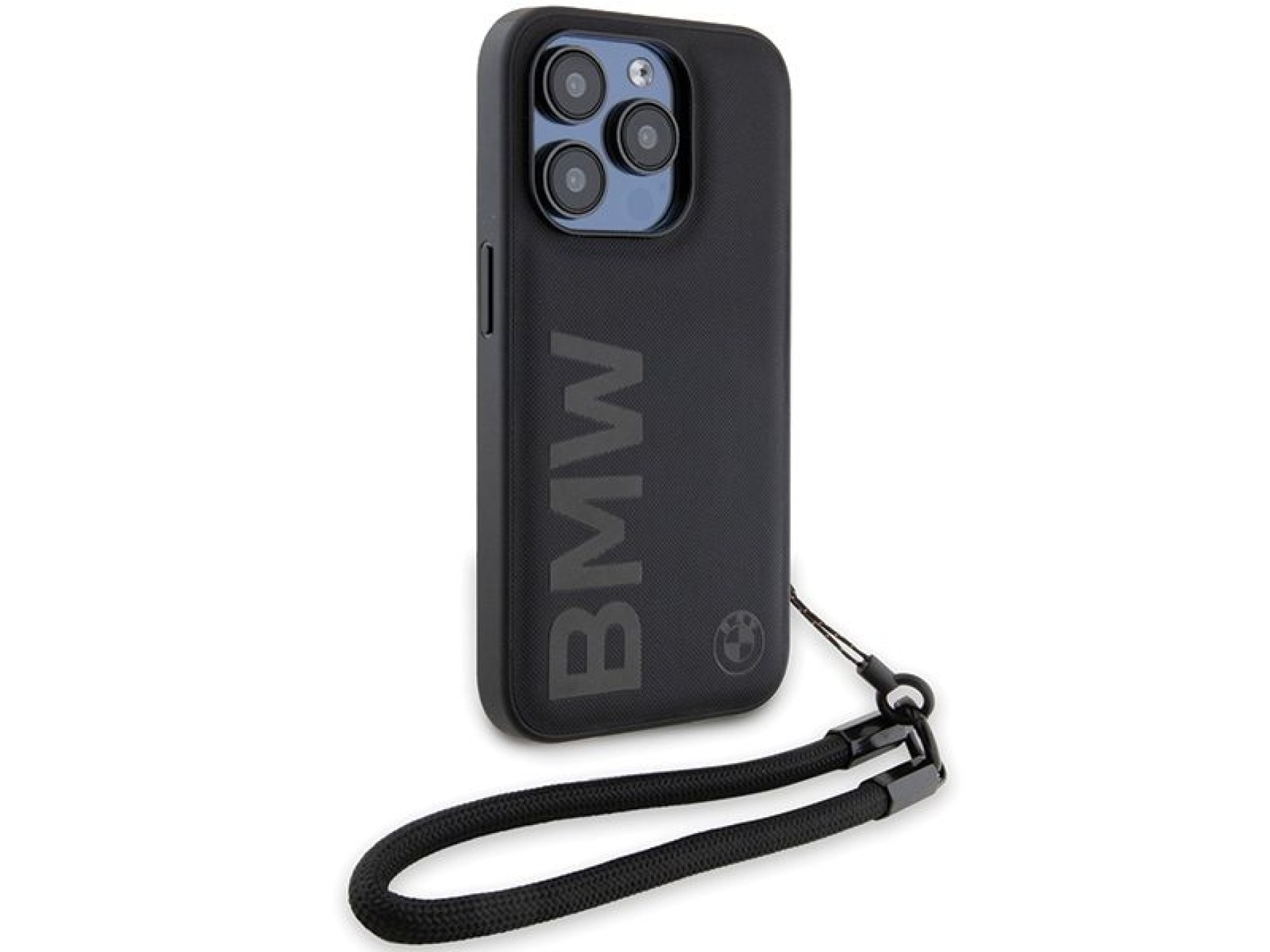 BMW Signature Leather Wordmark Cord case for iPhone 15 Pro Max - black