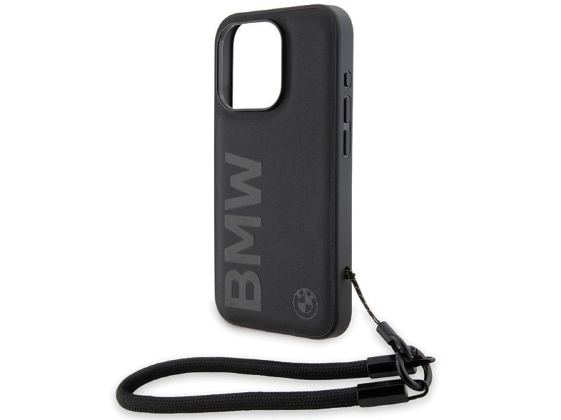 BMW Signature Leather Wordmark Cord case for iPhone 15 Pro Max - black