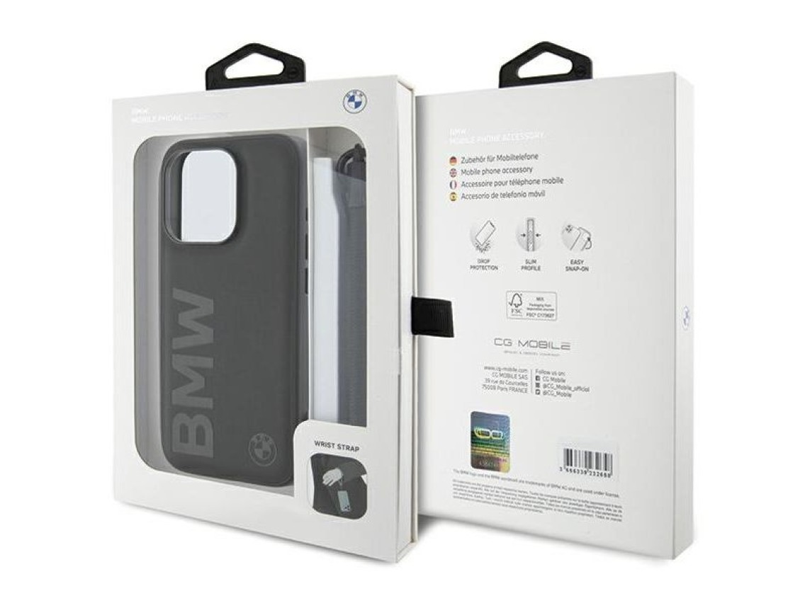 BMW Signature Leather Wordmark Cord case for iPhone 15 Pro Max - black