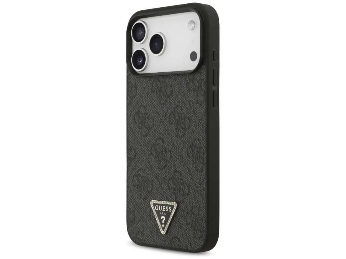 Capa Guess Leather 4G Triangle Strass MagSafe para iPhone 17 Pro Max / 18 Pro Max - Preta