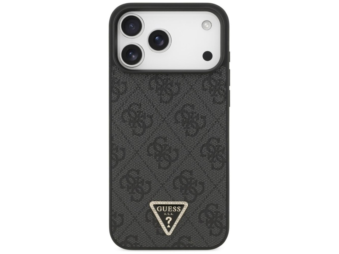 Capa Guess Leather 4G Triangle Strass MagSafe para iPhone 17 Pro Max / 18 Pro Max - Preta