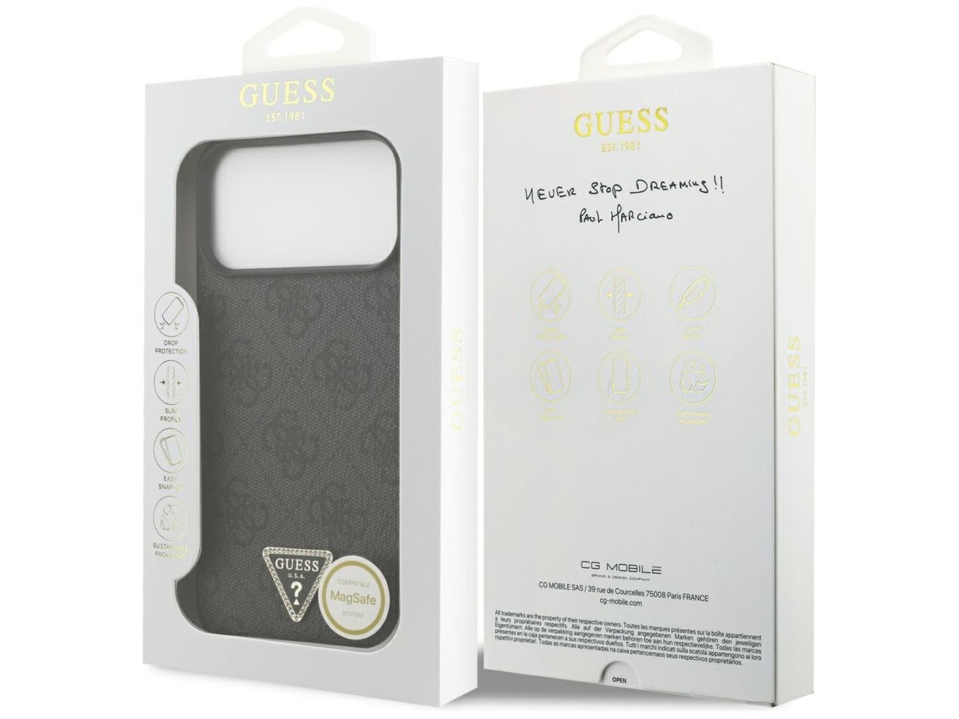 Capa Guess Leather 4G Triangle Strass MagSafe para iPhone 17 Pro Max / 18 Pro Max - Preta