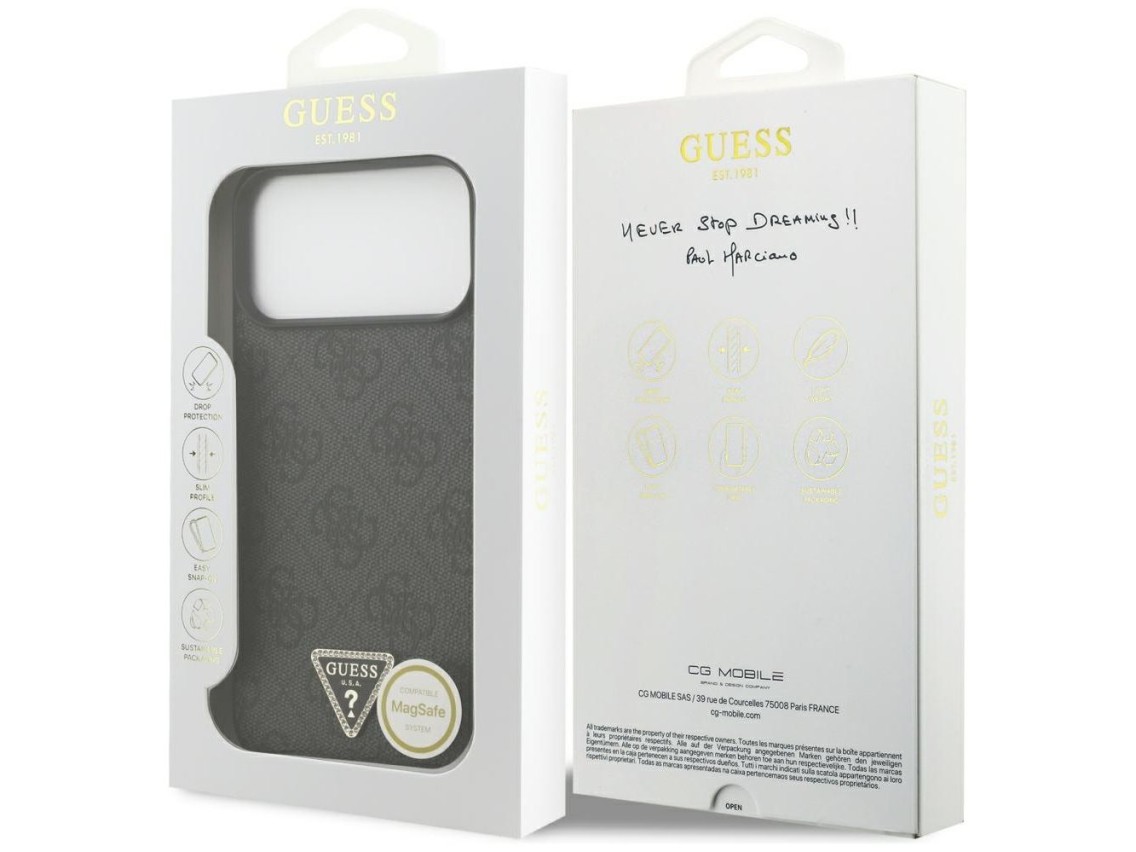 Capa Guess Leather 4G Triangle Strass MagSafe para iPhone 17 Pro Max / 18 Pro Max - Preta