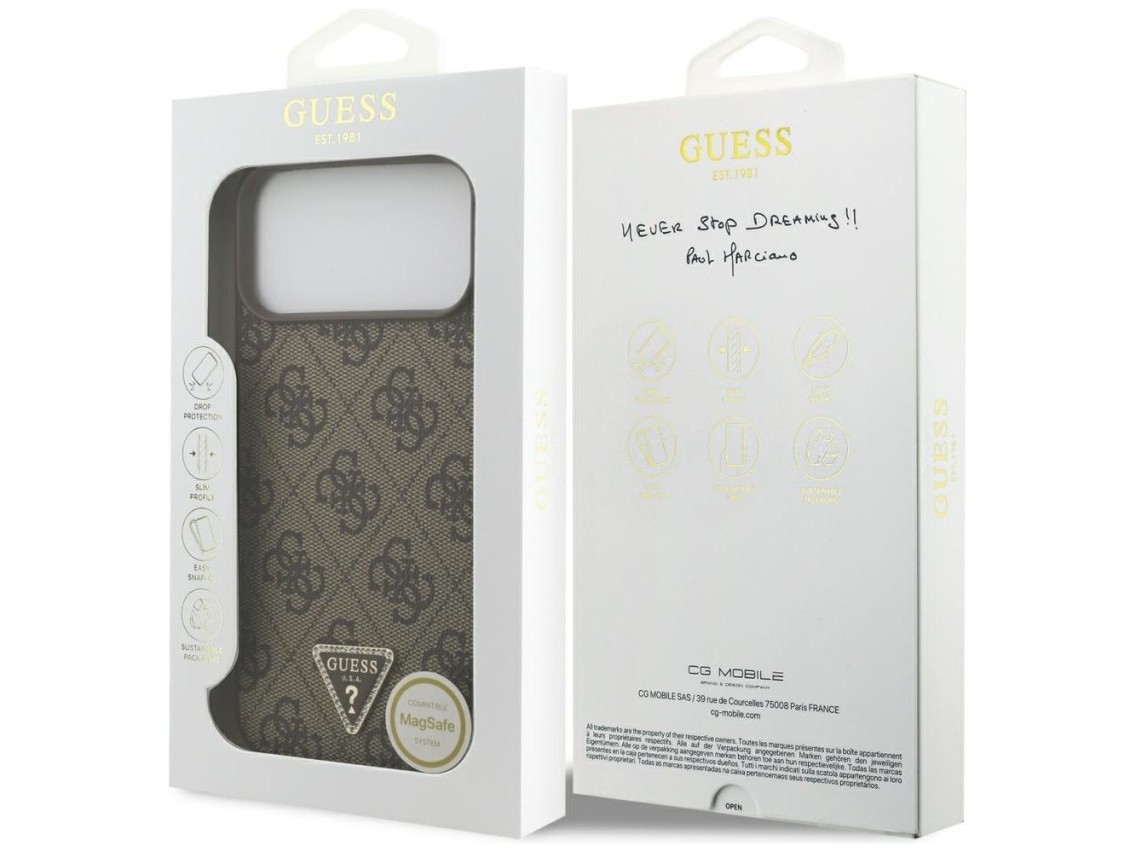 Funda Guess Leather 4G Triangle Strass MagSafe para iPhone 17 Pro Max / 18 Pro Max - Marrón
