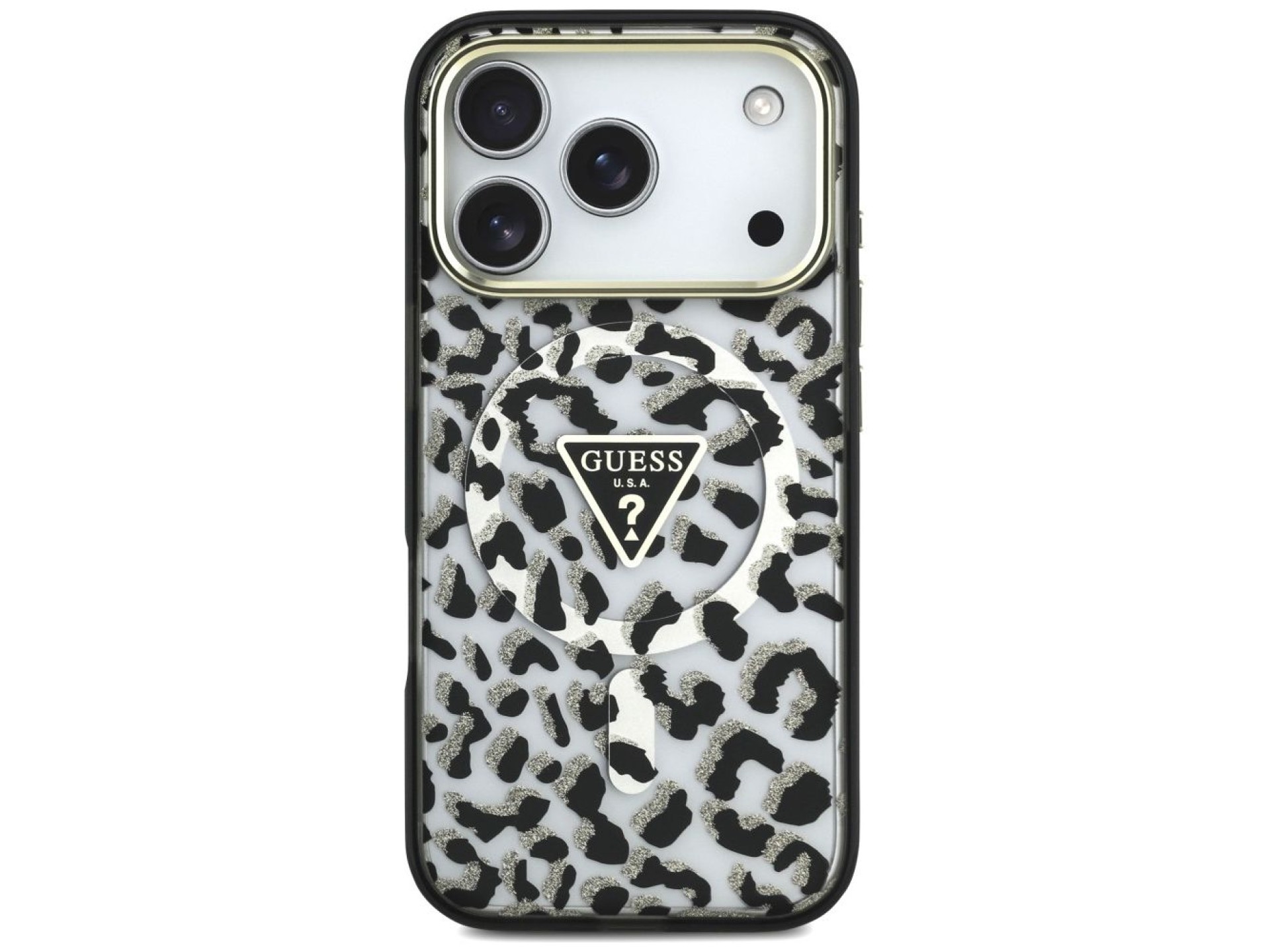 Funda Guess IML Leopard Glitter Triangle Logo MagSafe para iPhone 17 Pro / 18 Pro - Negra