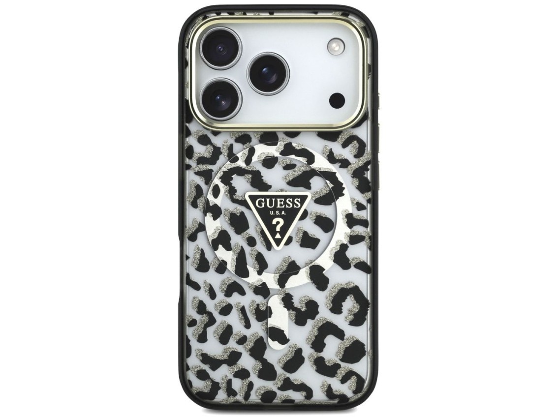 Funda Guess IML Leopard Glitter Triangle Logo MagSafe para iPhone 17 Pro / 18 Pro - Negra