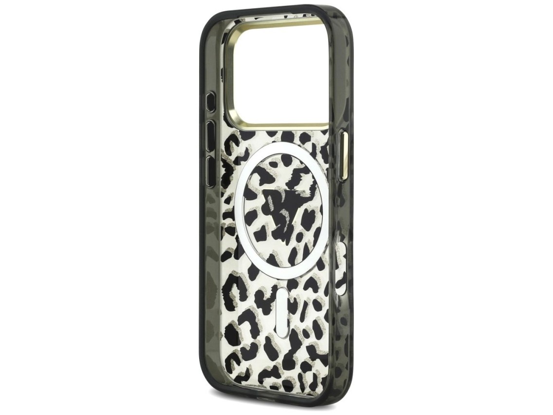 Funda Guess IML Leopard Glitter Triangle Logo MagSafe para iPhone 17 Pro / 18 Pro - Negra