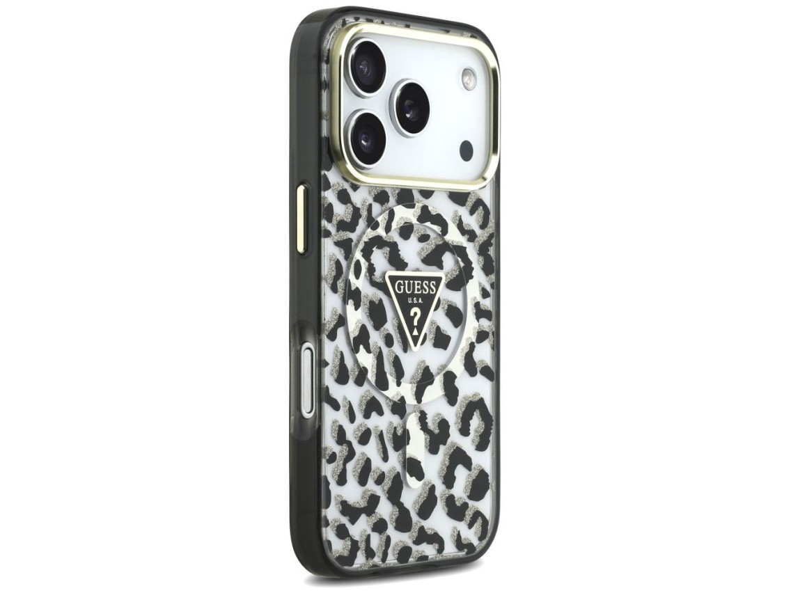 Funda Guess IML Leopard Glitter Triangle Logo MagSafe para iPhone 17 Pro / 18 Pro - Negra