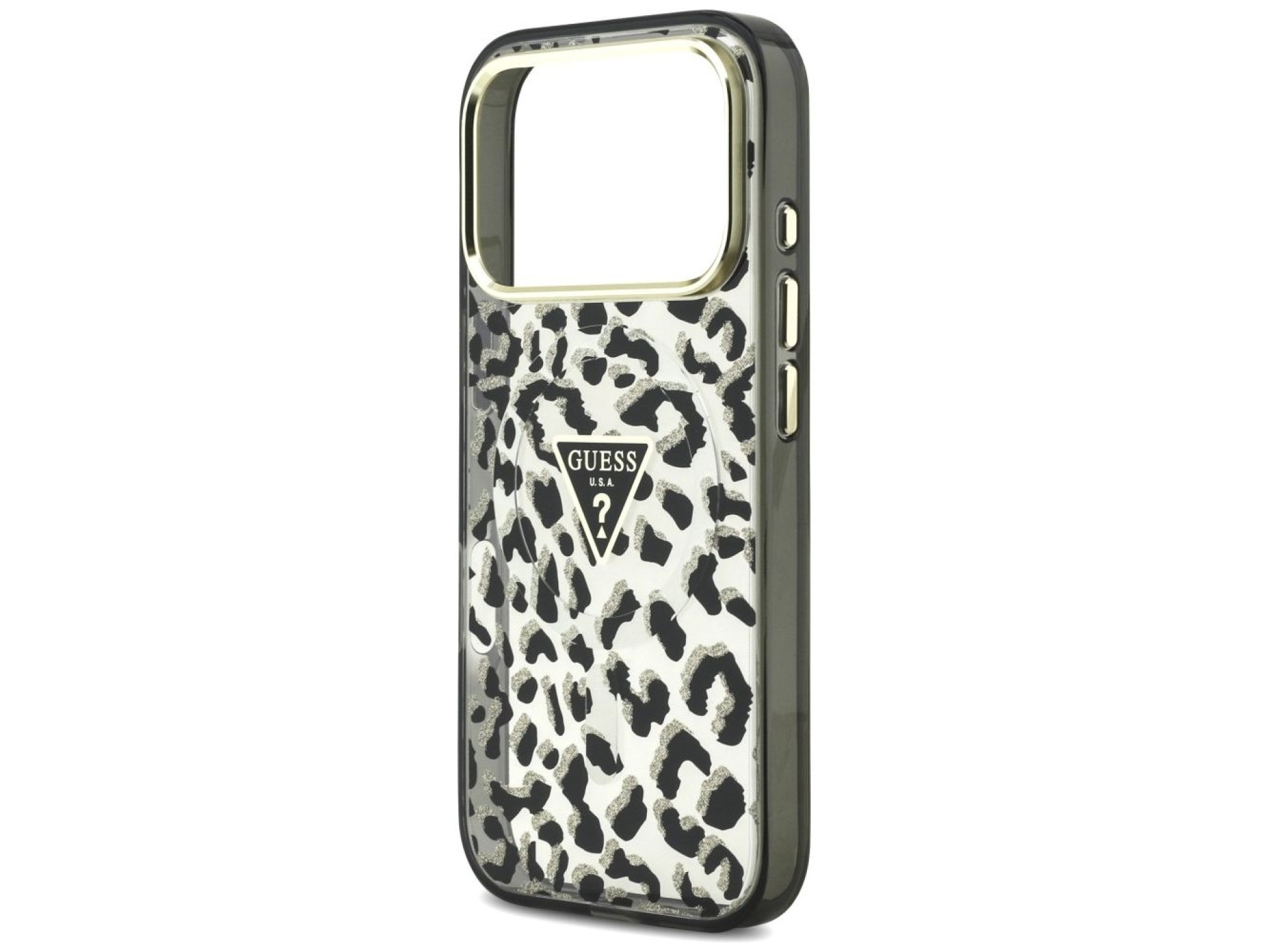 Funda Guess IML Leopard Glitter Triangle Logo MagSafe para iPhone 17 Pro / 18 Pro - Negra