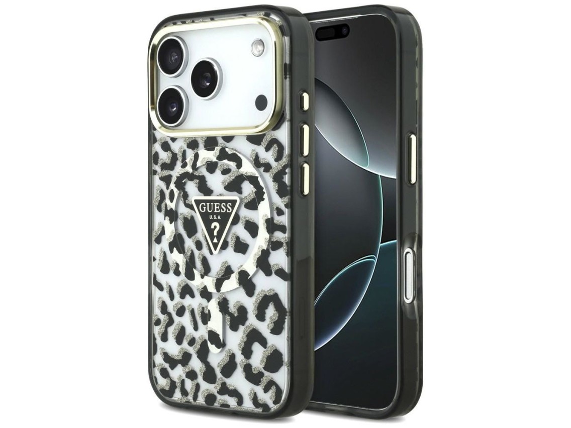 Funda Guess IML Leopard Glitter Triangle Logo MagSafe para iPhone 17 Pro / 18 Pro - Negra