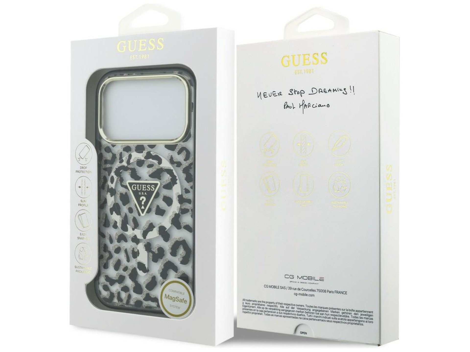 Funda Guess IML Leopard Glitter Triangle Logo MagSafe para iPhone 17 Pro / 18 Pro - Negra