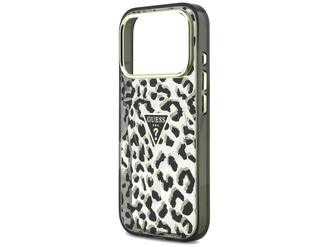 Funda Guess IML Leopard Glitter Triangle Logo MagSafe para iPhone 17 Pro / 18 Pro - Negra