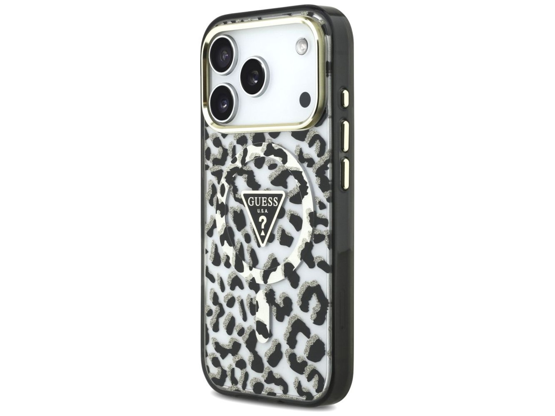 Funda Guess IML Leopard Glitter Triangle Logo MagSafe para iPhone 17 Pro / 18 Pro - Negra