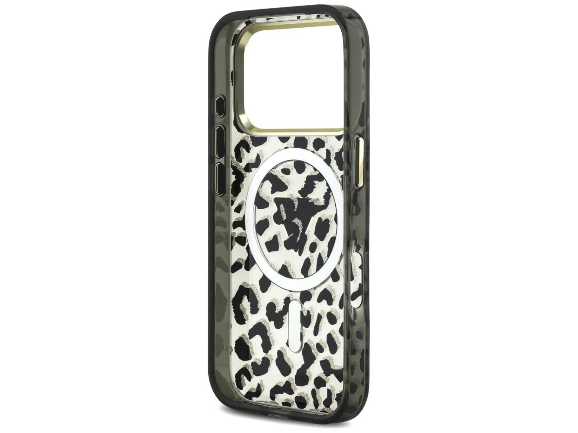 Funda Guess IML Leopard Glitter Triangle Logo MagSafe para iPhone 17 Pro / 18 Pro - Negra