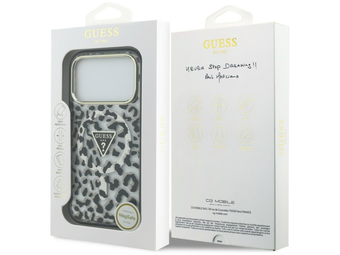 Funda Guess IML Leopard Glitter Triangle Logo MagSafe para iPhone 17 Pro / 18 Pro - Negra