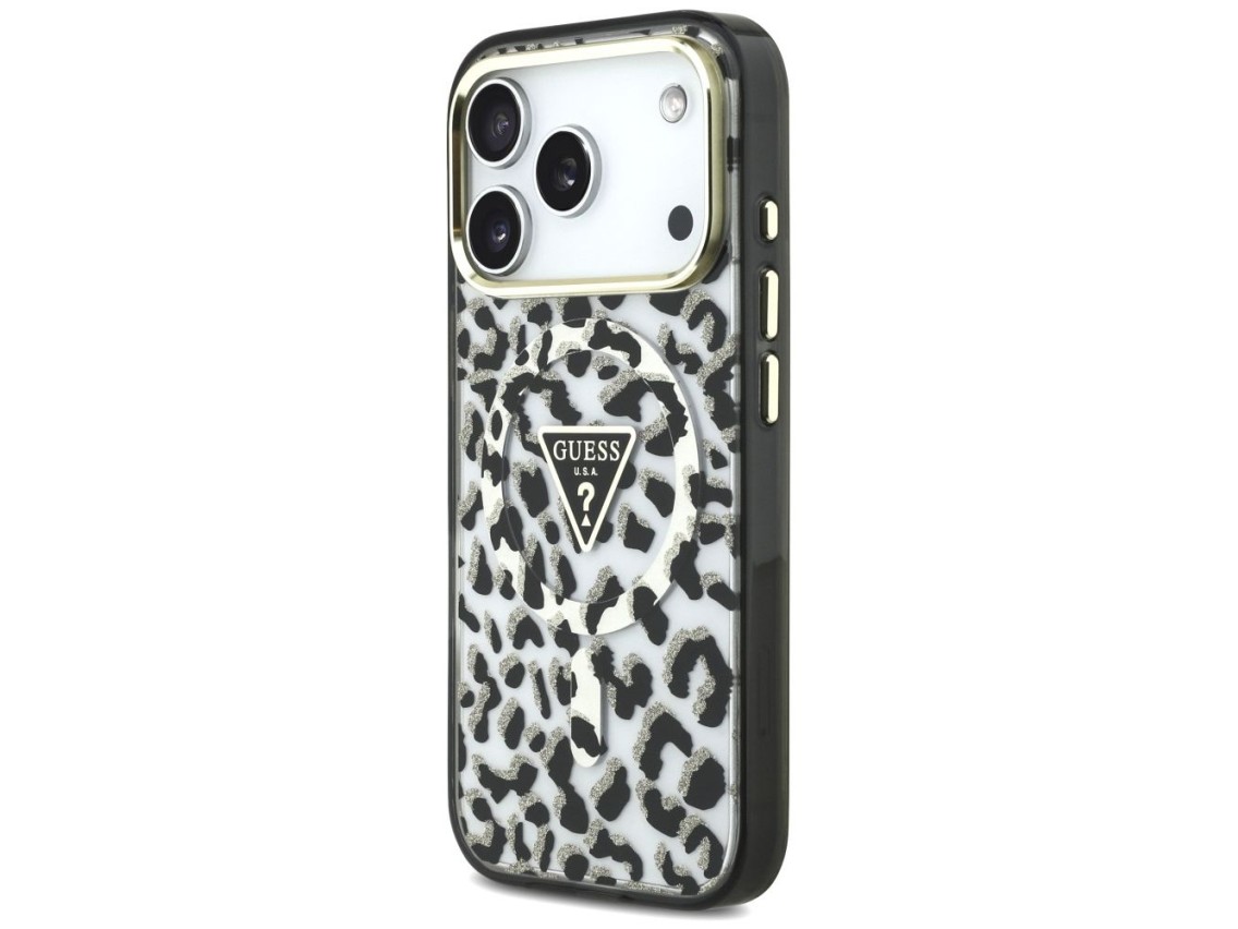 Funda Guess IML Leopard Glitter Triangle Logo MagSafe para iPhone 17 Pro / 18 Pro - Negra