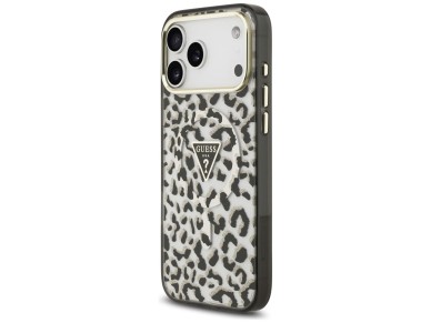 Capa MagSafe Guess IML Leopard Glitter Triangle Logo para iPhone 17 Pro Max / 18 Pro Max - Preta