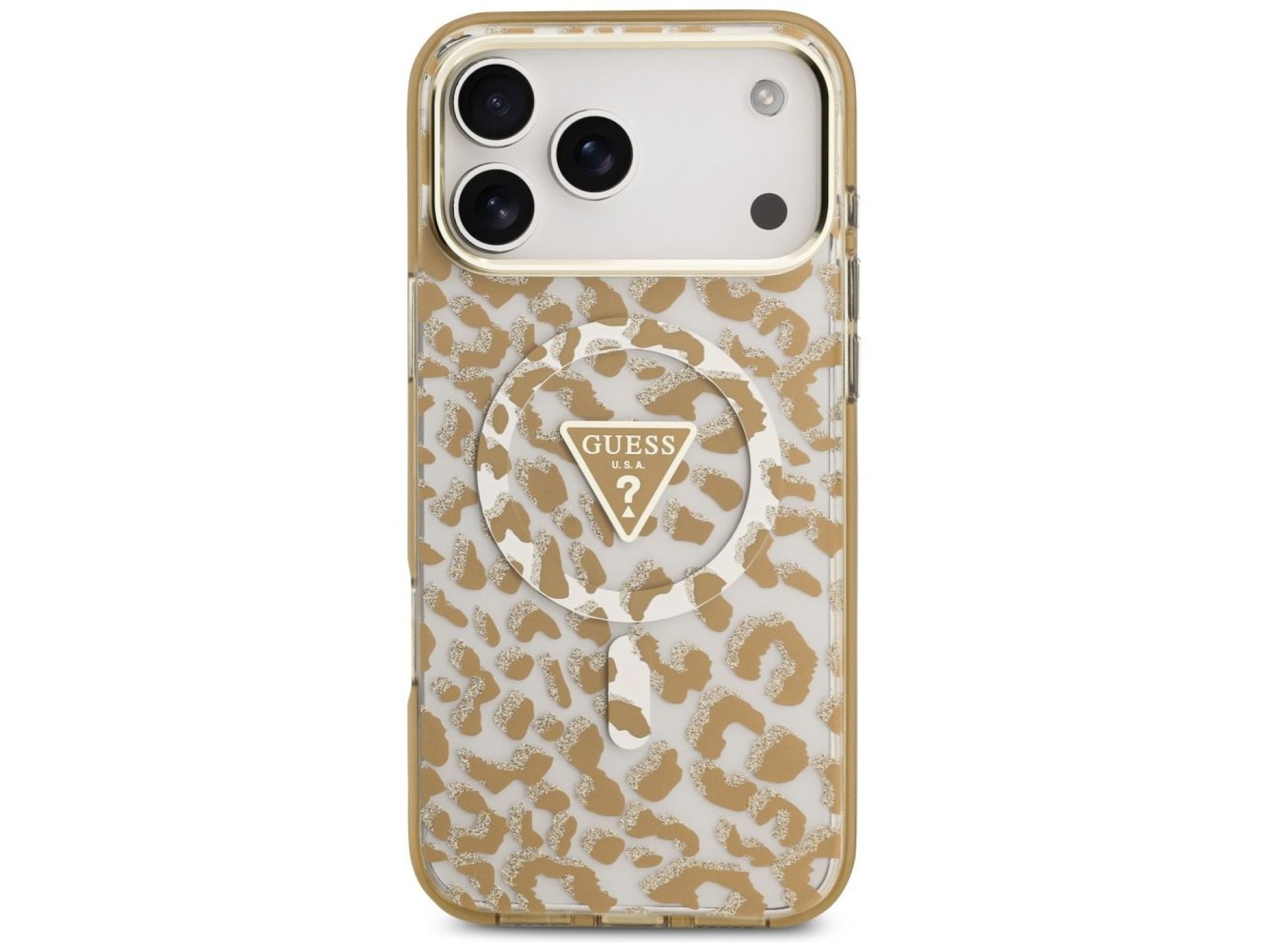 Funda Guess IML Leopard Glitter Triangle Logo MagSafe para iPhone 17 Pro / 18 Pro - Marrón